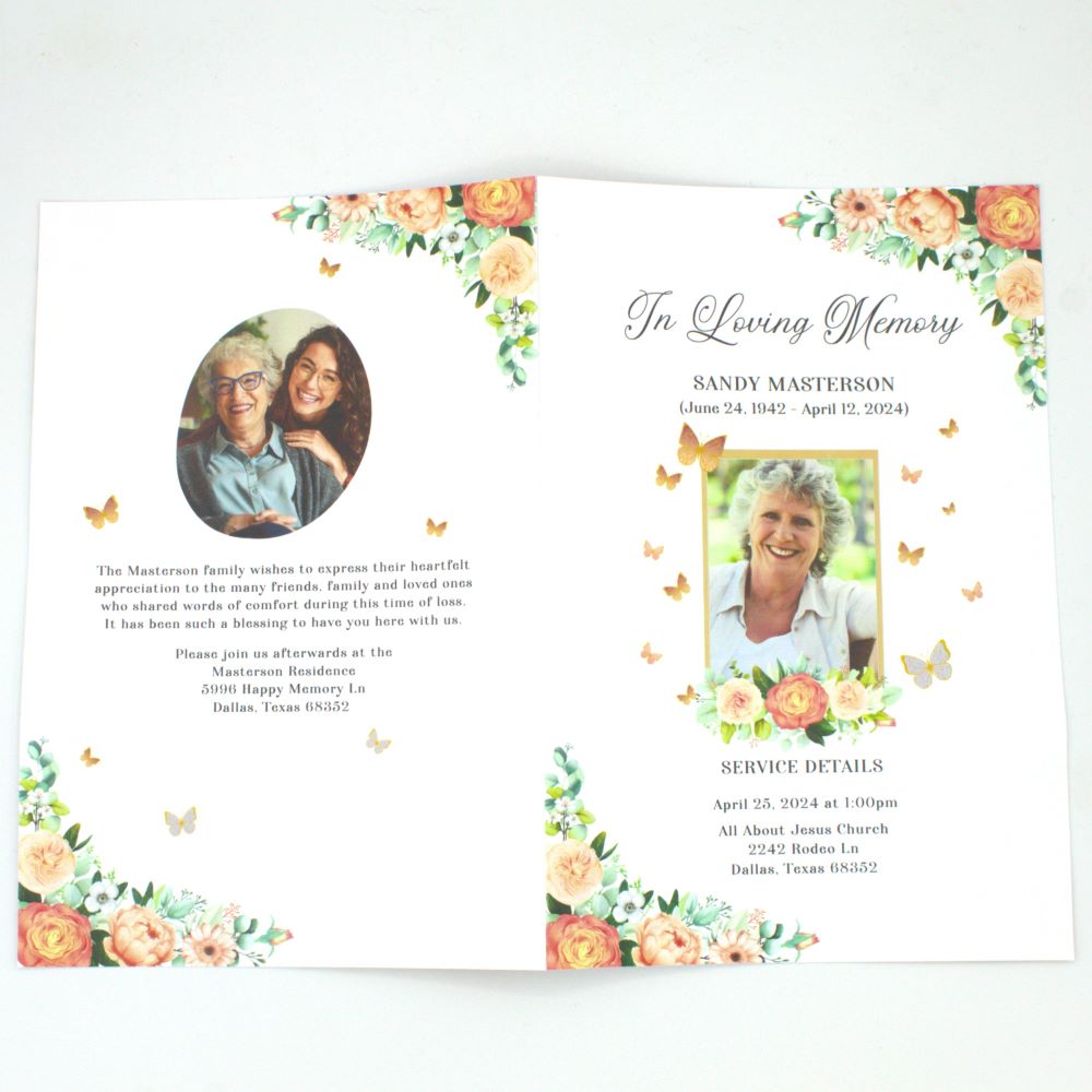 Coral Floral Butterfly Funeral Program